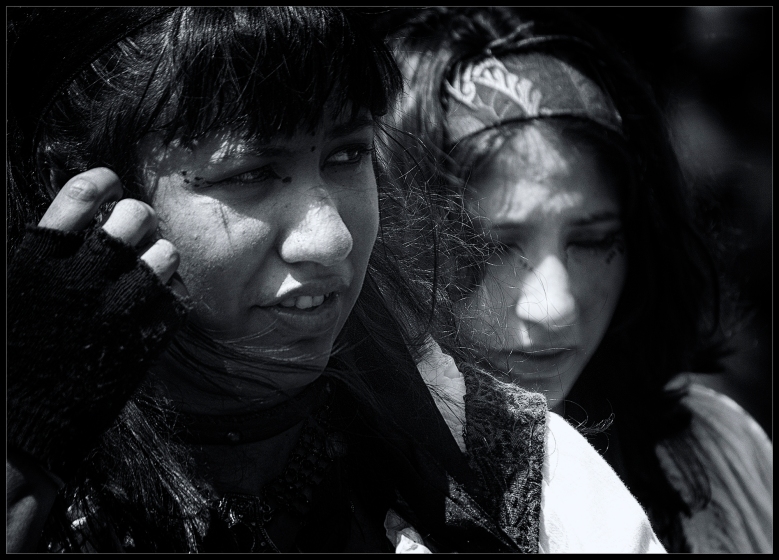 "Sisters", a black and white street photograph by Robert Santafede